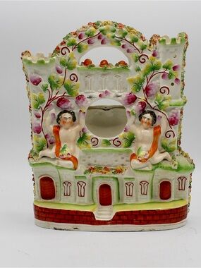 Antique Staffordshire Flat back Castle Pocket Watch Holder, Cherubs